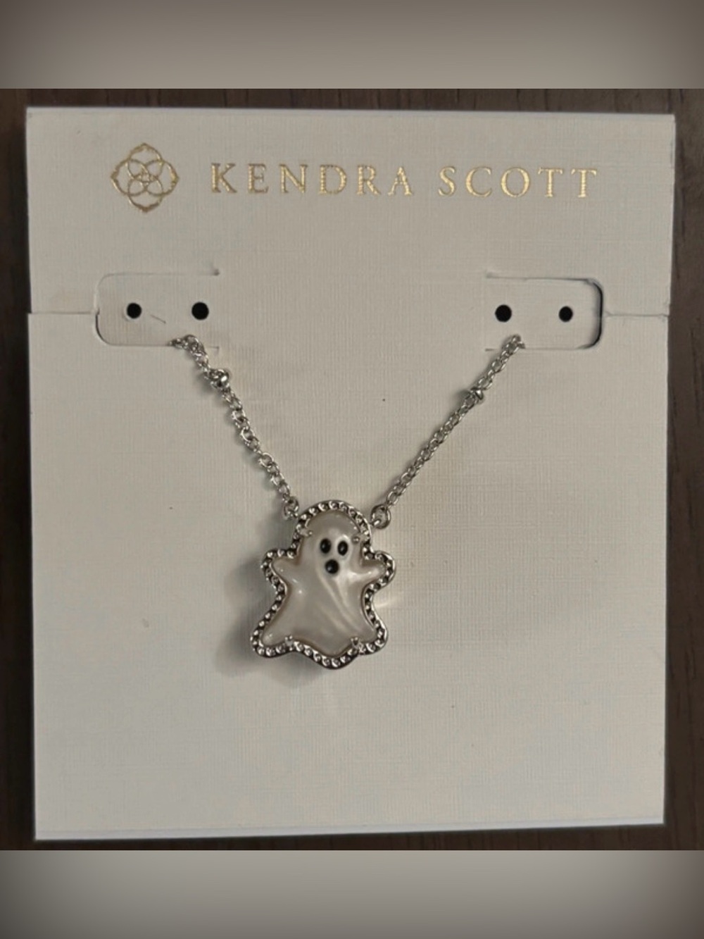KENDRA SCOTT Halloween Rhodium & Pearlized Scary Ghost Pendant Necklace NEW NWT